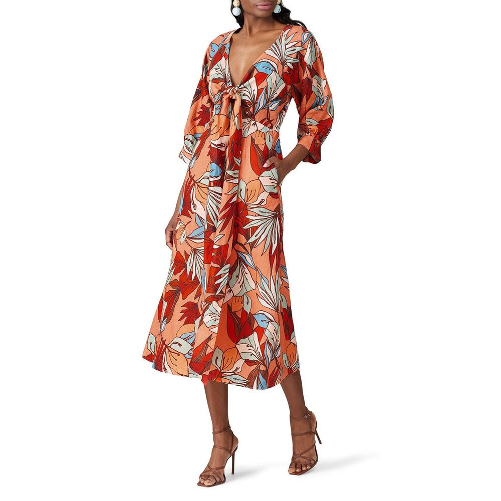 Nicholas Asilah Tropical Floral Print Orange Tie Front V-Neck Midi Dress Size 10